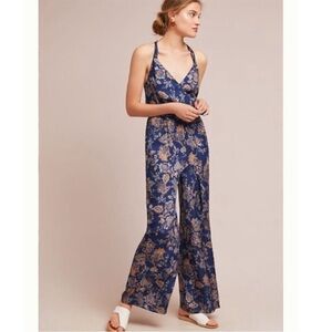 Anthropologie Ettitwa Blue Paisley Wide Leg Jumpsuit Size XL NWT